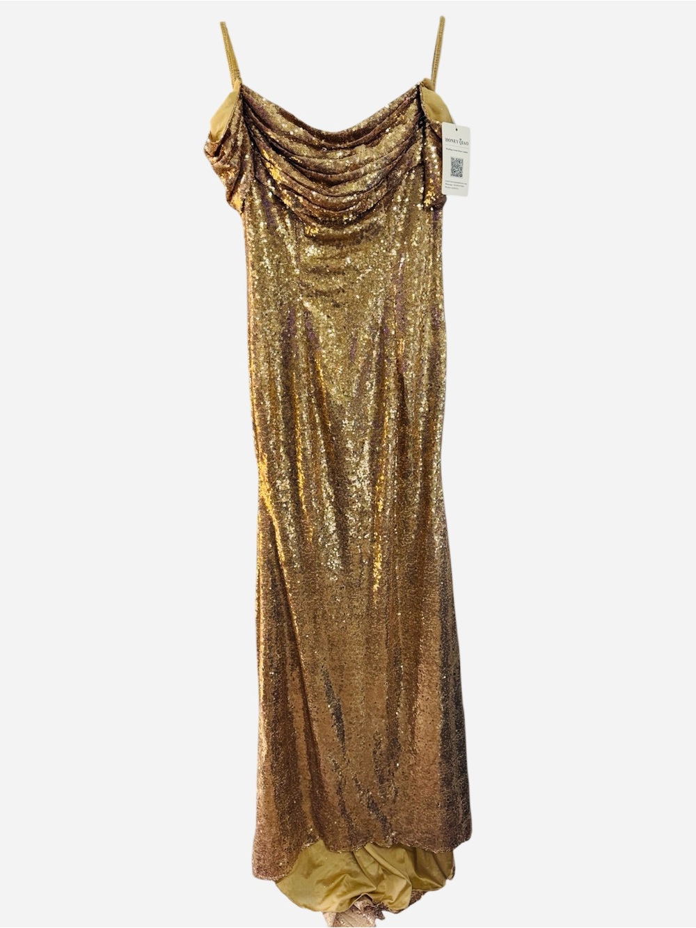 NEW Honey Qiao Gold Sequin Maxi Gown Size 4 Evening Dress Off Shoulder